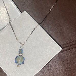 Iridescent blue toned  necklace silver chain NIB